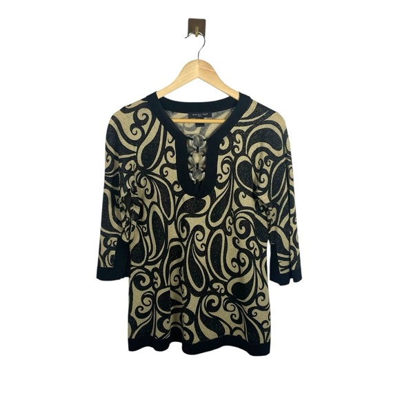 VINTAGE August Silk Knits Metallic Paisley Blouse in Black/Gold Size L - Picture 1 of 11